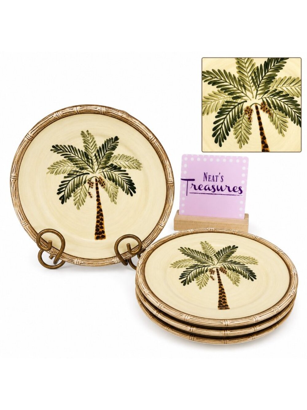 Home Trends WEST PALM Bamboo Border Tropical Earthenware 8" Salad Plates Set 4